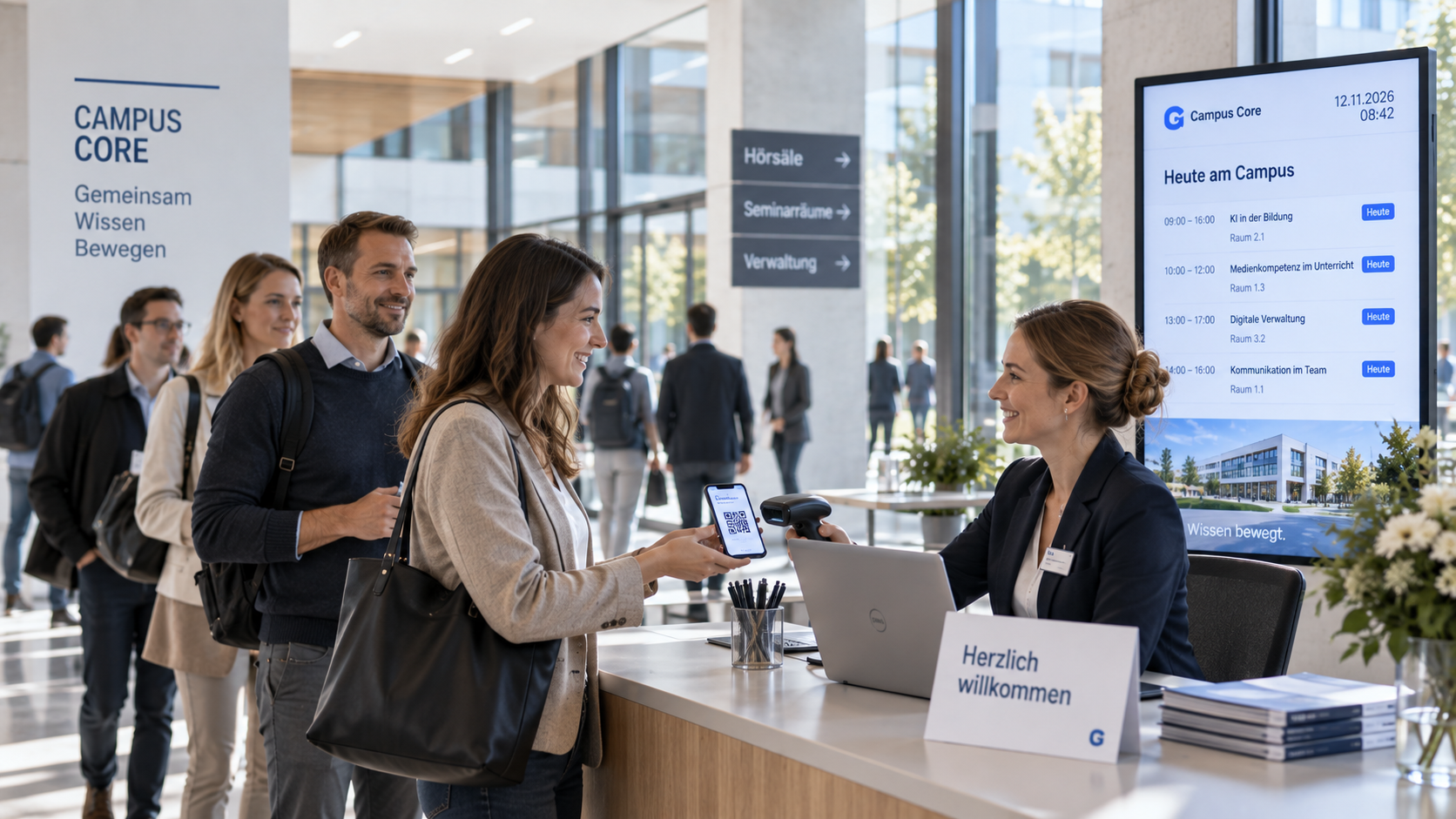 Teilnehmerin beim Check-in zu einer Campus-Veranstaltung