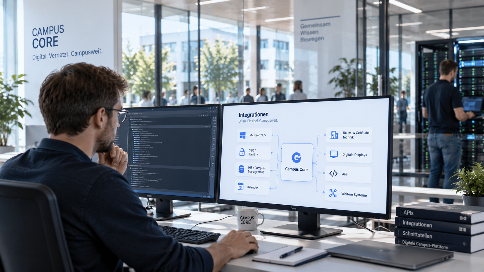 Menschen auf einem modernen Campus mit digital vernetzten Arbeitsbereichen
