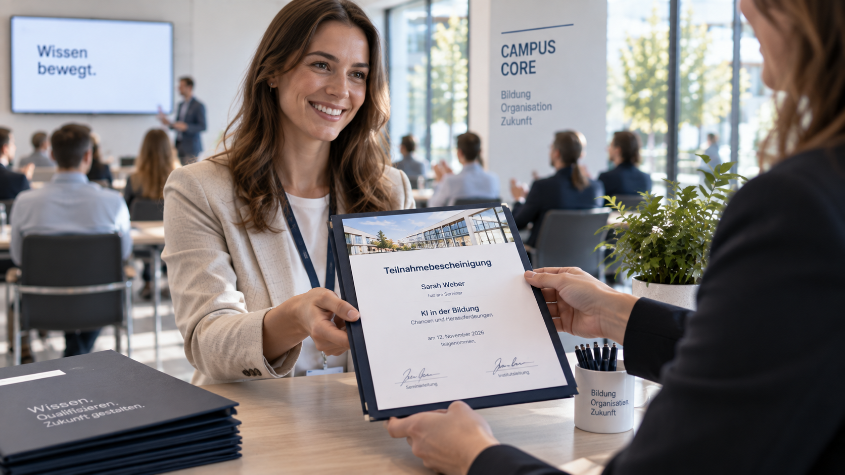 Übergabe einer Teilnahmebescheinigung auf dem Campus