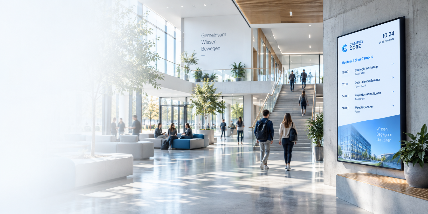Großzügiges Campus-Foyer mit digitalem Informationsdisplay