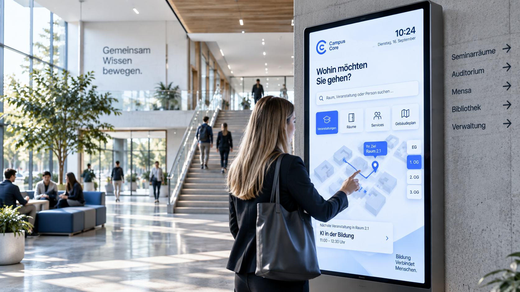 Digitales Wayfinding-Terminal auf einem modernen Campus