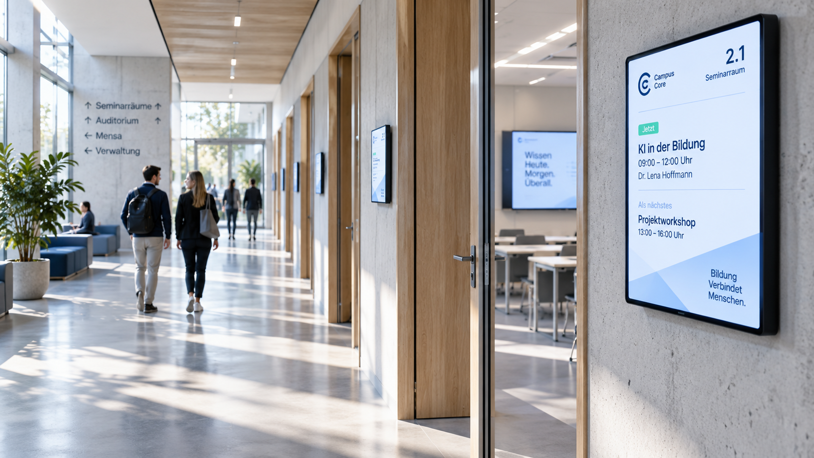 Campusflur mit digitalen Türschildern